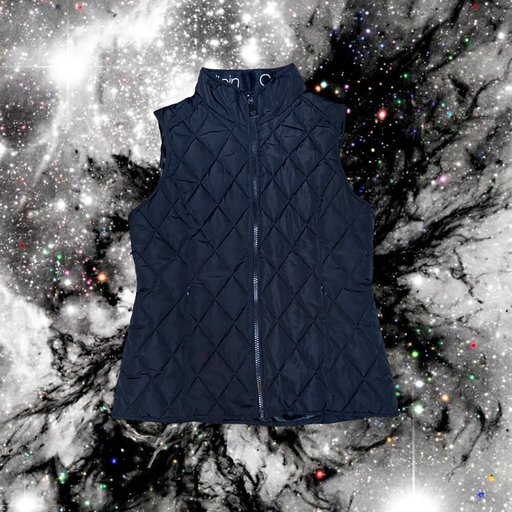 Calvin Klein Black Diamond Quilted Puffer Vest Logo Zip Up